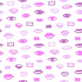 Brush hand drawn woman lips, eyes seamless beauty pattern